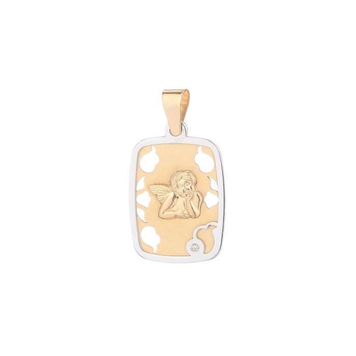 YSORA - Médaille Rectangulaire Ange en Or Bicolore 9 Carats et Diamant - Enfant