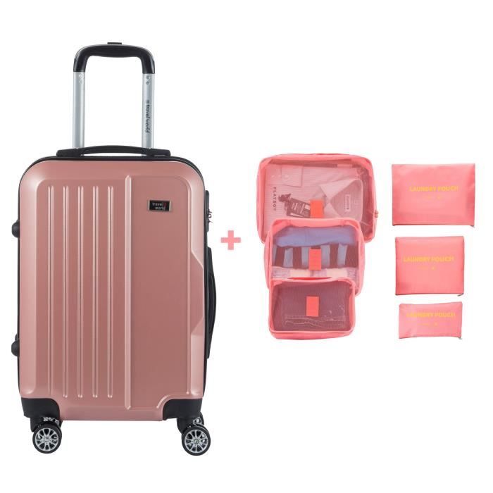TRAVEL WORLD Valise cabine 55cm + 6 organisateurs de voyage - Couleur Or rose