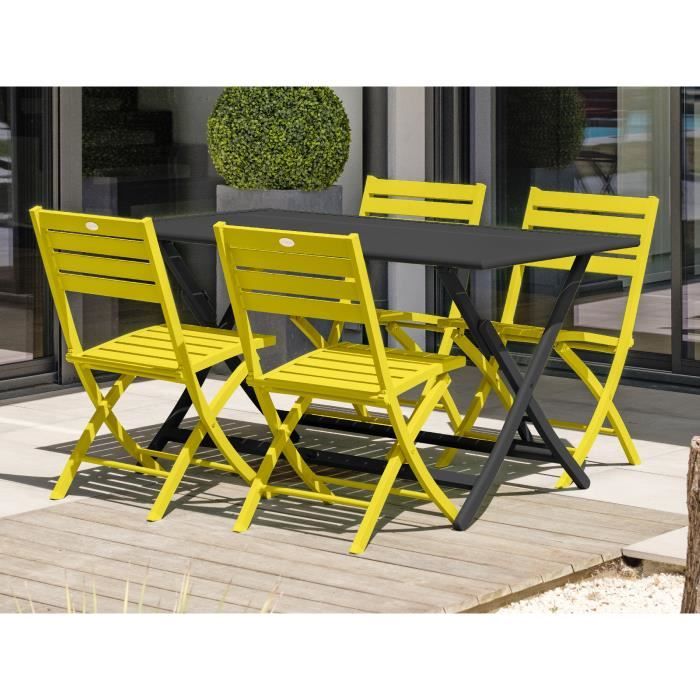 DCB GARDEN Table pliante Marius 140 x 80 cm + 4 chaises pliantes en aluminium - Gris anthracite et jaune
