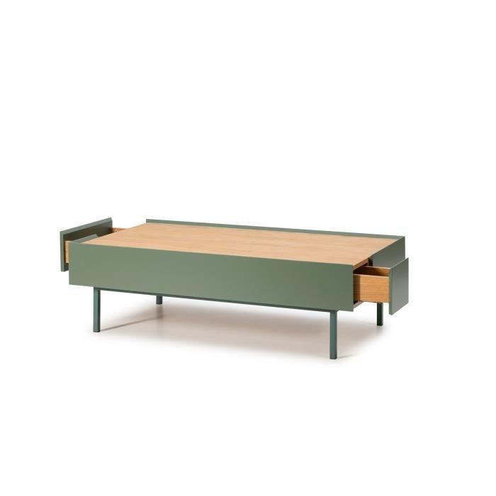 ARISTA Table basse 2 tiroirs - Décor chêne et vert clair - L 110 x P 60 x H 34 cm