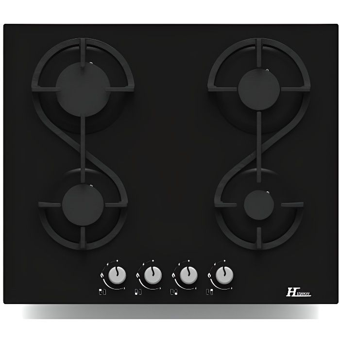 HUDSON HTG 4 VN - Table de cuisson gaz - 4 foyers - L 60 cm - Revêtement verre - Noir
