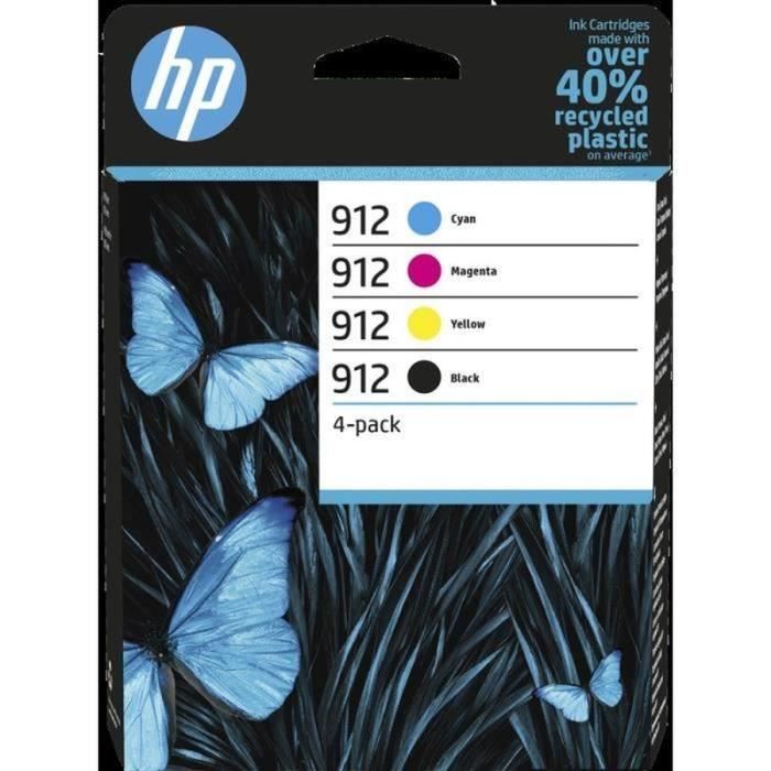 HP 912 Pack de 4 cartouches d'encre noire, cyan, jaune et magenta authentiques (6ZC74AE) pour Office