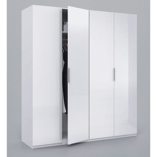Armoire MAX 4 portes battantes 2 penderies 2 étagères Blanc