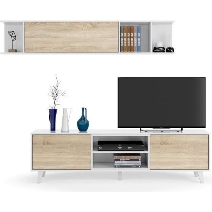 zaiken plus meuble tv scandinave blanc brillant et décor chêne - l 180 cm