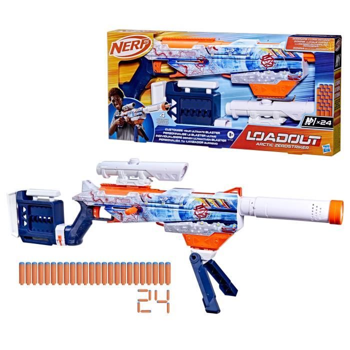 Nerf Loadout Arctic Zerostriker blaster avec 4 accessoires interchangeables 24 fléchettes Nerf N1 chargeur interne 6 fléchettes