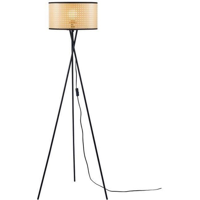 Grundig Lampadaire Lampe de chevet Lampe de trépied bois avec tissu parapluie noir