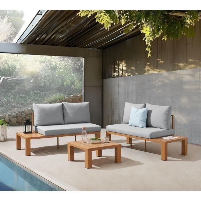 Salon de jardin canapé d'angle - Aluminium effet bois - 4 personnes - Gris perle