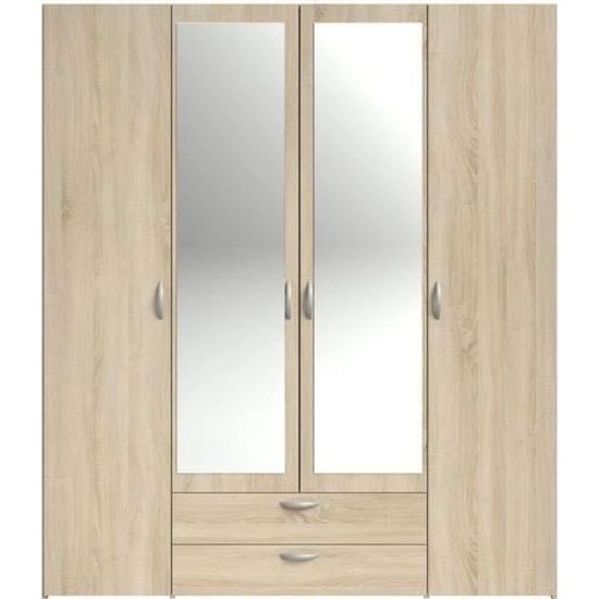 PARISOT Armoire 4 portes battantes avec 2 miroirs + 2 tiroirs Chêne