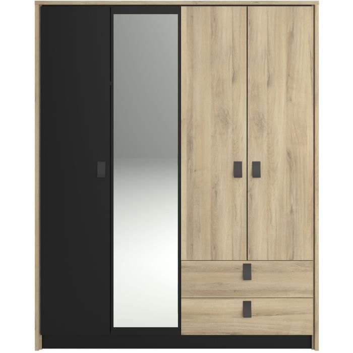 Armoire - 4 portes battantes - 2 tiroirs - Chêne et noir + miroir - L162 x P521 x H1992 cm - PARISOT