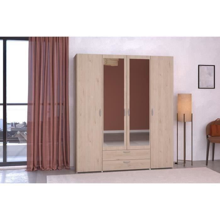Armoire VARIA - Décor chêne - 4 portes - 2 tiroirs - Portes centrales avec miroirs - 1599 x 185 x 517