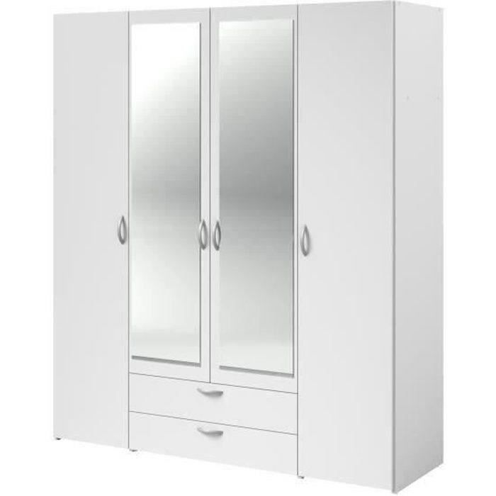 Armoire VARIA - Décor blanc - 4 portes battantes + 2 miroirs + 2 tiroirs - L 160 x H 185 x P 51 cm -