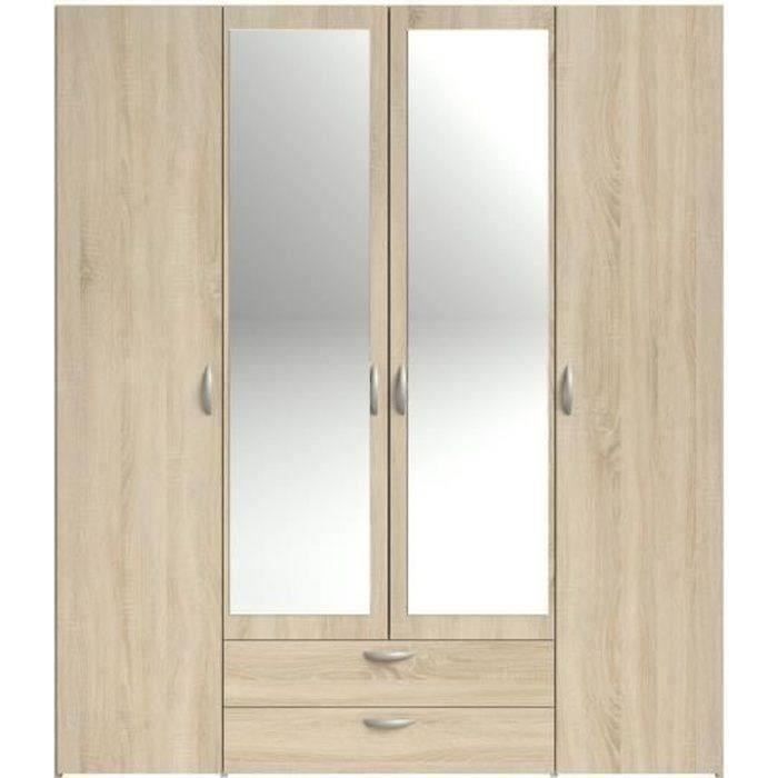 Armoire VARIA - Décor chêne - 4 portes battantes + 2 miroirs + 2 tiroirs - L 160 x H 185 x P 51 cm -
