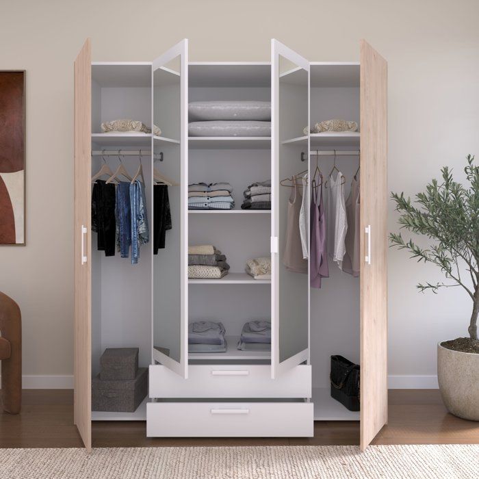 Armoire VARIA - Décor chêne et blanc - 4 portes battantes + 2 miroirs + 2 tiroirs - L 160 x H 185 x P 52 cm - PARISOT Armoire VARIA - Décor chêne et blanc - 4 portes battantes + 2 miroirs + 2 tiroirs - L 160 x H 185 x P 52 cm - PARISOT