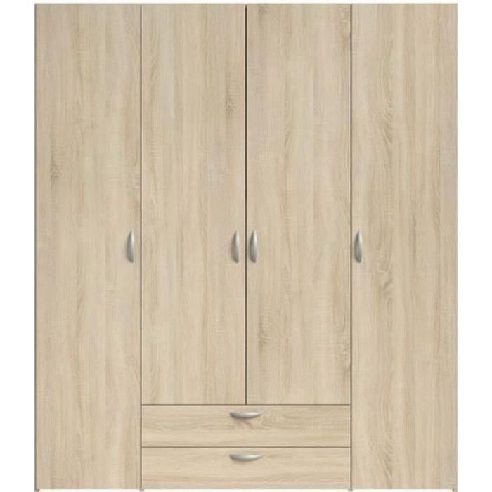 Armoire VARIA - Décor chêne - 4 portes battantes + 2 tiroirs - L 160 x H 185 x P 51 cm - PARISOT