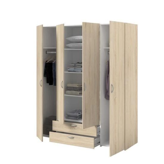 Armoire VARIA Décor chêne 4 portes battantes + 2 tiroirs L 160 x