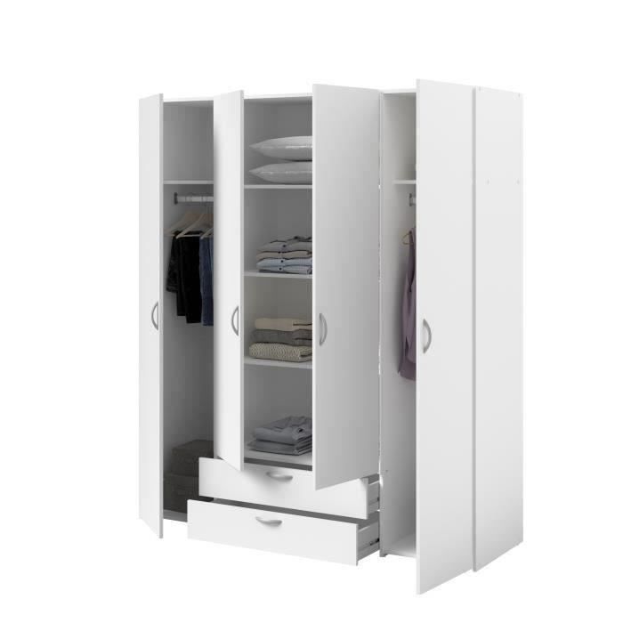 Armoire VARIA Décor blanc 4 portes battantes + 2 tiroirs L 160 x