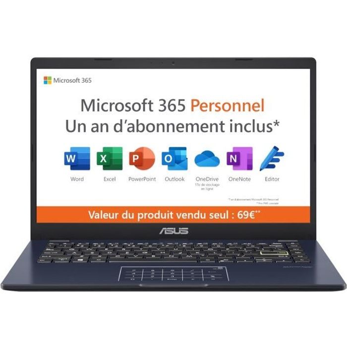 PC Portable ASUS VivoBook 14 E410 | 14 HD Intel Celeron N4020 RAM 4 Go 128Go eMMC Win 11 Microsoft 365
