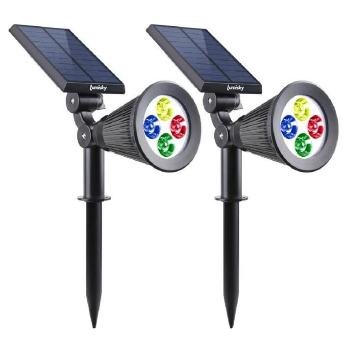 pack de 2 spots solaires extérieur étanches - lumisky - 4 leds colorées rgb - 200 lumens - tête pivotante à 90°c