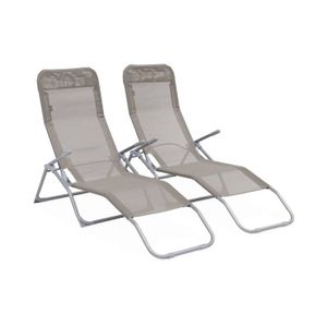 CHAISE LONGUE Lot de 2 bains de soleil pliants - Levito Gris taupe- Transats textilène 2 positions. chaises longues
