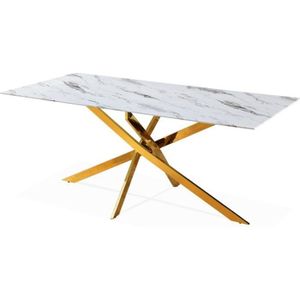 TABLE À MANGER SEULE Table rectangulaire en verre effet marbre et pied 
