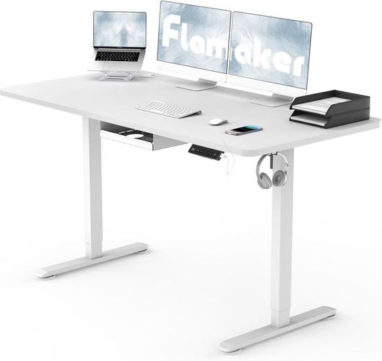 Bureau Assis-debout électrique Agilestic 120x60 Cm Blanc – 2 Tiroirs En Tissu, Hauteur 72-116 Cm, Mémoire 2 Positions, Anti-collision