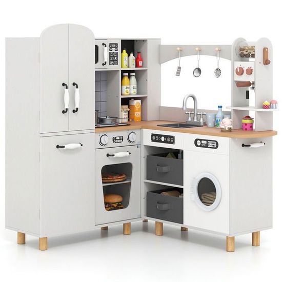 COSTWAY Cuisine Enfant Rose à Fleurs – 13 Accessoires, Rangement, 60x29,5x62 Cm – Jeu D'imitation Pour Petits Chefs
