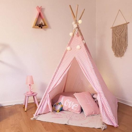 Tente enfant & Tipi déco pour chambre jeux - triangle rose et blanc - H 160cm - cadeau noel anniversel