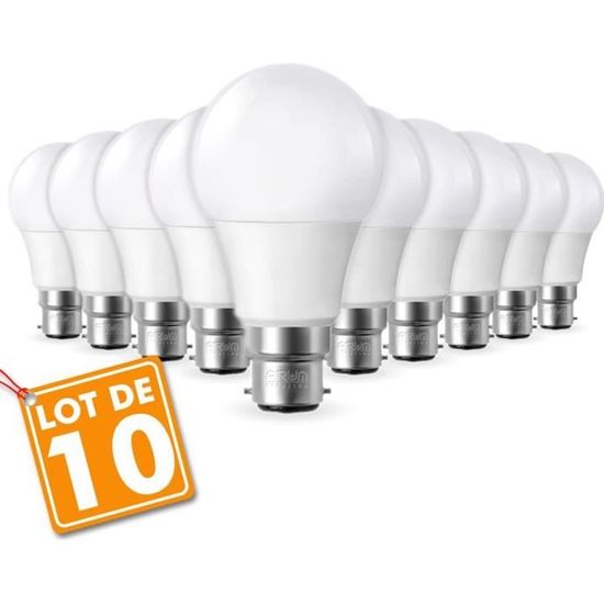 Lot de 10 Ampoules LED A60, culot B22, 9W cons. (60W eq.), lumière Blanc  Neutre