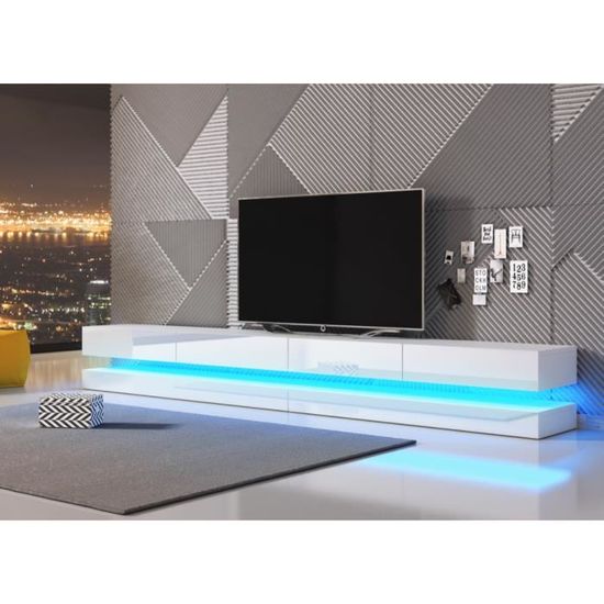 3xeliving Table TV innovante et moderne Sajna 280cm blanc / blanc LED brillant