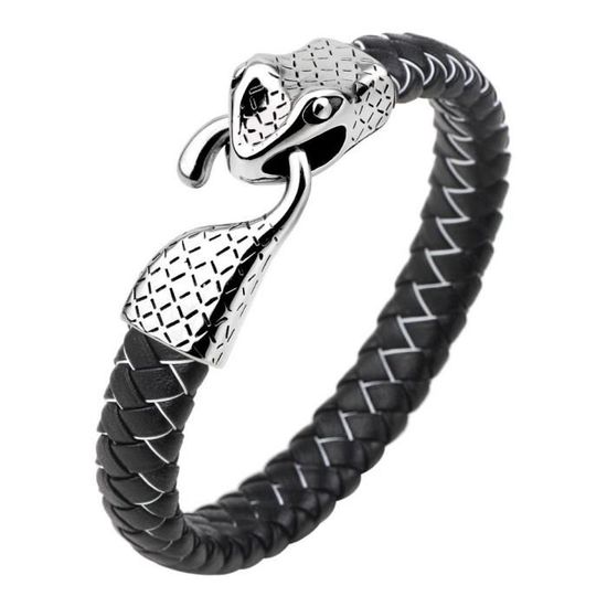 Bracelet Serpent Homme en Cuir Mode Bijoux Fantaisie Noir/BlancA Noir