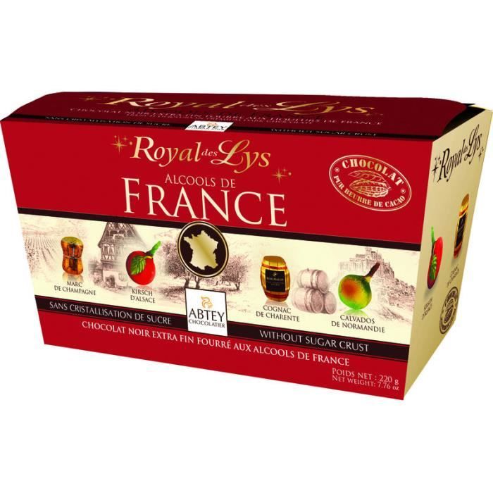Royal des Lys - Assortiment chocolats fourrés liqueur ballotin - Alcools du monde 220g