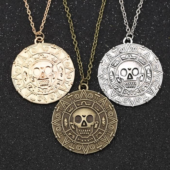 Collier avec pendentif en Bronze et or des Pirates des caraïbes, bijoux Vintage, médaillon, pièce Plaqué argent antique -THJR13634