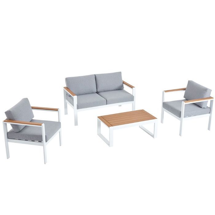 Maringo - Salon de jardin bas blanc alu 4 places
