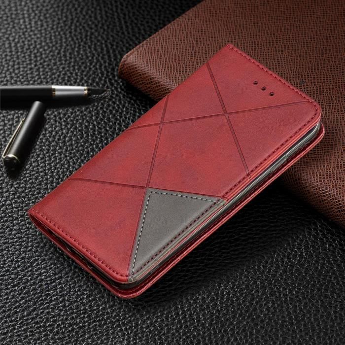 Housse Coque iPhone SE 2020 Étui à Rabat Magnetique Luxe PU Cuir avec Support Anti-chocs Téléphone -rouge