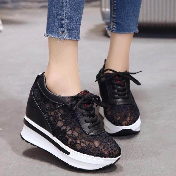 OS Chaussures de course en maille respirantes printemps-été pour femmes, chaussures décontractées à semelles compensées Noir