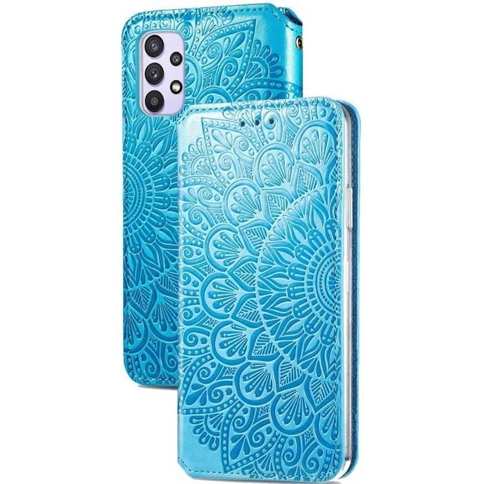 Coque pour Samsung A32 4G, Antichoc TPU Housse Samsung A32 4G Cuir PU Portefeuille Etui, Bleu