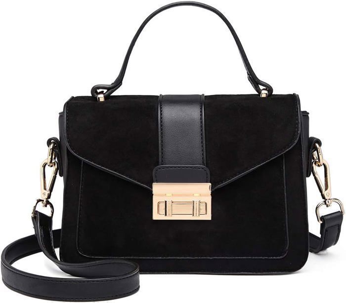 Miss Lulu Sac à Main Femme 22x8x15cm Sac à Bandoulière Femme en Cuir Sac à Rabat Petit Sac Bandoulière Carré Sac en Métal Noir