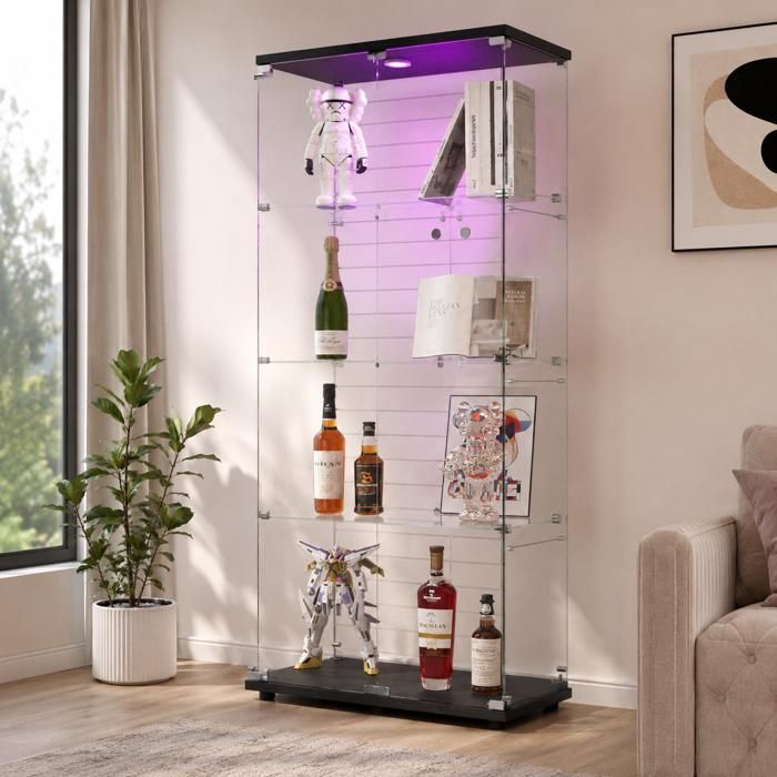 Vitrine Acrylique 4 Étagères Avec Éclairage LED – 30x22,5x28 Cm – Protection Et Présentation Pour Figurines, Montres Et Bijoux (Noir, Démontable)