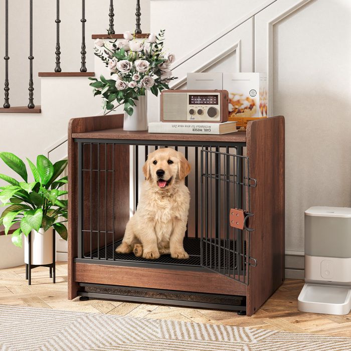 COSTWAY Cage pour Chien 2 en 1 de Petite et Moyenne Taille, Plateau Amovible, Porte Verrouillable, Table d'Appoint Marron Rustique