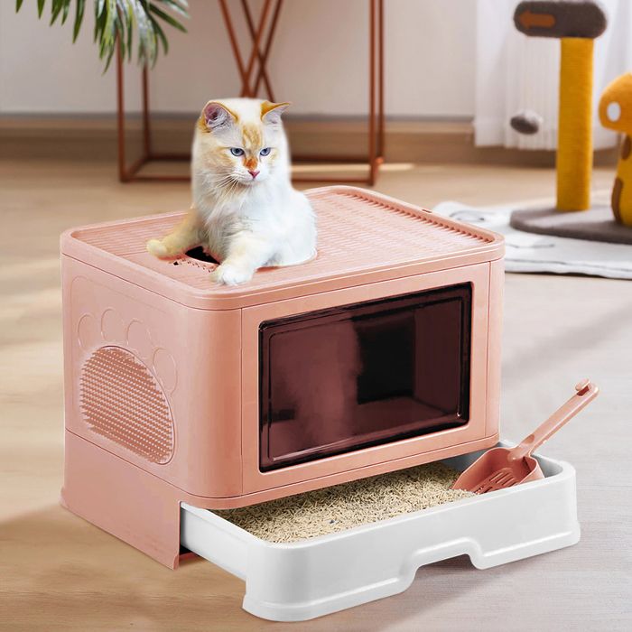 Comparer les prix de B.LIVEM - Maison pour chat fermée - Bac à litière à tiroir XL - Anti-odeur - Pliable - Fournitures pour chat - Rose
