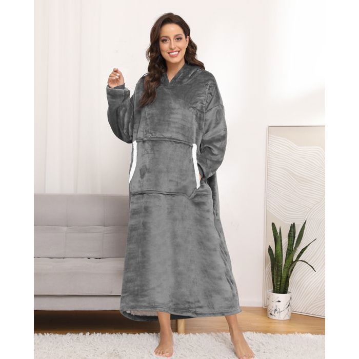 Plaid Pull à Capuche--Grand Sweat à Couverture de Flanelle Capuchon Oversize Gris avec Manche et Poche Pour Hommes Femmes