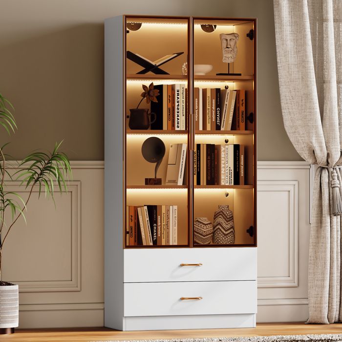 Armoire de salle de bains moyenne avec bandeau lumineux largeur 75 cm avec 2 grands tiroirs et 2 portes porte vitrée