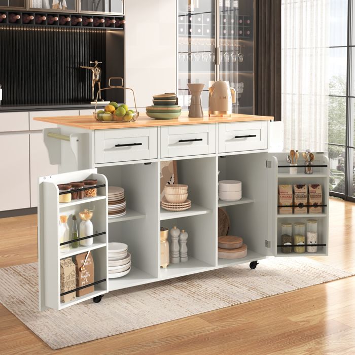 Îlot e Cuisine Desserte vec Grand Plateau 4 Tiroirs Meuble de Rangement avec Étagères Réglables et Porte-Épices Blanc Îlot e Cuisine Desserte vec Grand Plateau 4 Tiroirs Meuble de Rangement avec Étagères Réglables et Porte-Épices Blanc