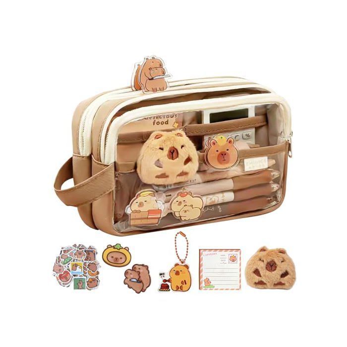 OFFCUP Trousse à Crayons Capybara, Ensemble de Papeterie Kawaii Trousse Scolaire avec Poignée, Grande Capacité Sac à Crayons Trousse à Maquillage école Fournitures Scolaires pour Filles étudiants