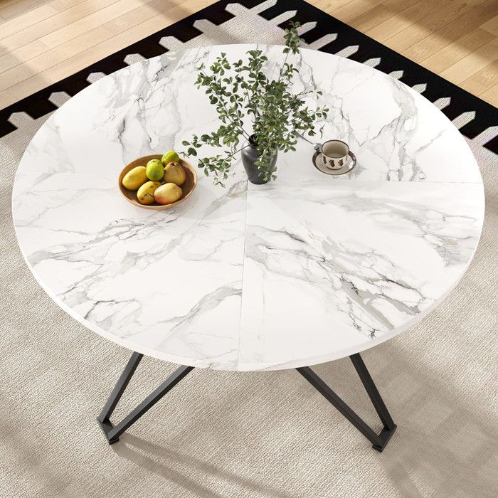 Table à manger ronde - MDF - Noir - 100x100x76cm - Pieds en métal - Imitation marbre
