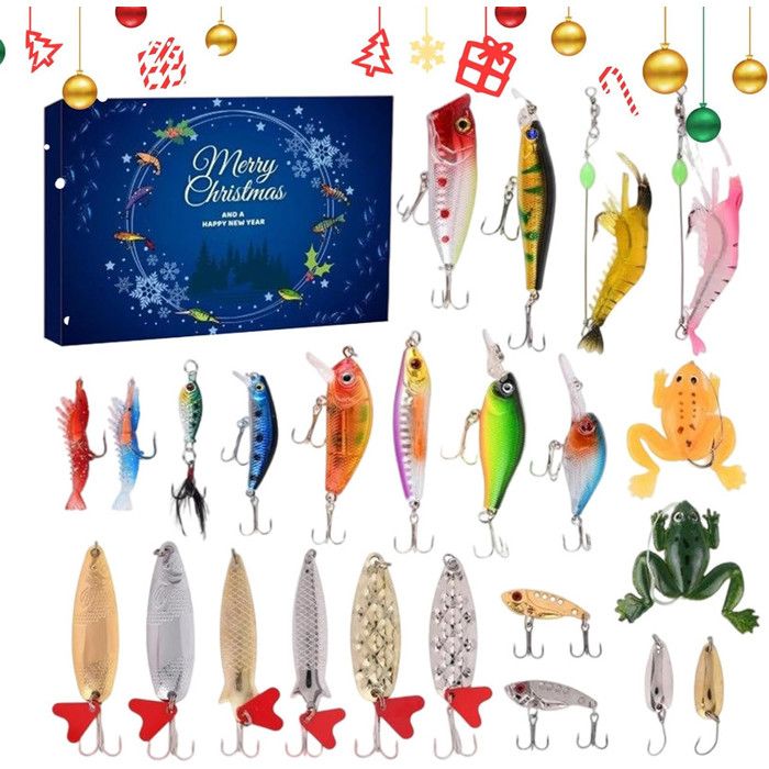 Calendrier De L'Avent Pêche 2024 – 24 Leurres Uniques Pour Carnassiers – Boîte 33 Cm Avec Motifs Réalistes – Cadeau Pour Pêcheurs