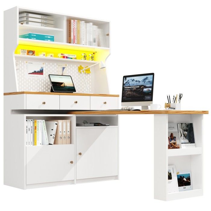 Buffet haut multifonction blanc (137x45x178 cm) - Meuble cuisine rangement 2 portes 3 tiroirs bureau et espace goûter Buffet haut multifonction blanc (137x45x178 cm) - Meuble cuisine rangement 2 portes 3 tiroirs bureau et espace goûter