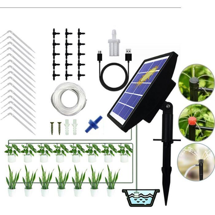 Système darrosage automatique solaire - PZCC - 15 m - Panneau 6V/3W - Batterie 3.7V 2000mAh - 15 goutteurs