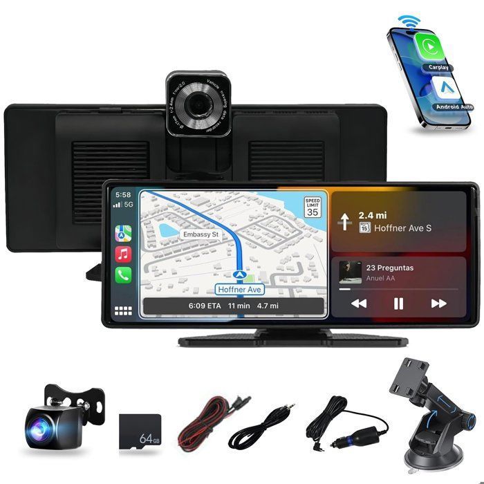 Autoradio portable 1026avec CarPlay/Android Auto Sans FilBluetooth avec Caméra Avant 4K Caméra de Recul 1080p avec 64GB TF