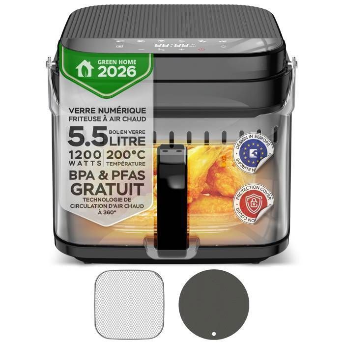 Friteuse à air chaud TURBOTRONIC AFG5 – 55 L XXL – Cuve en verre sans BPA & PFAS – 8 programmes automatiques – Noir - Turbotronic